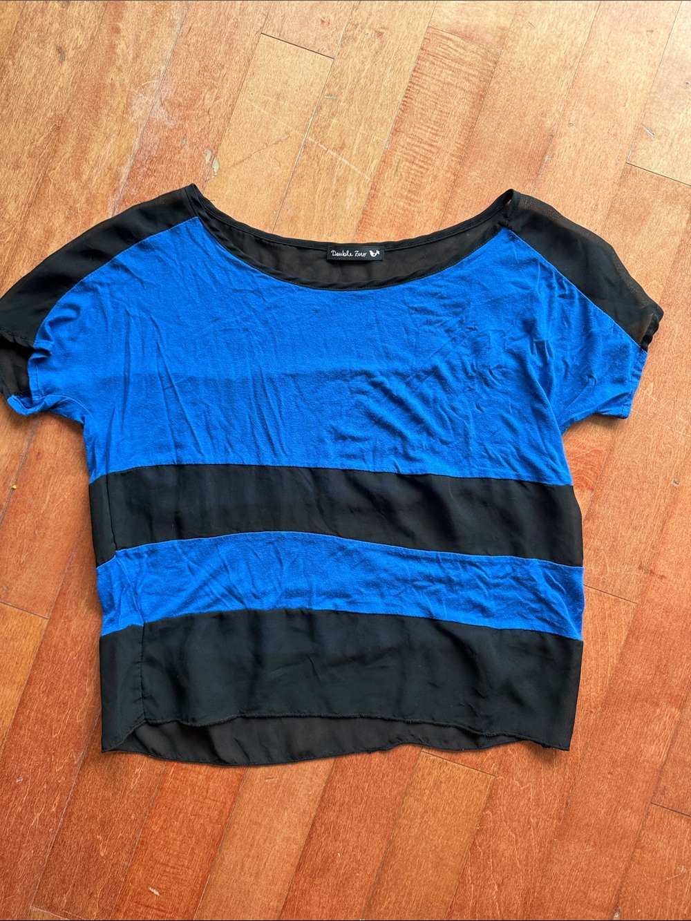 Royal Blue and Sheer Black Colorblock Short Sleeve Top